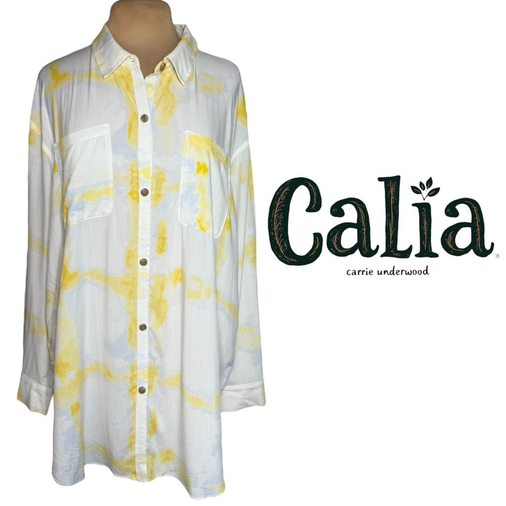 Calia By Carrie Underwood Cover Up Shirt Watercolor Plaid Yellow purple Size XL - Picture 11 of 11